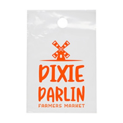 Plastic white door knob bag with personalized imprint.