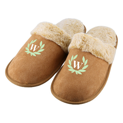Brown fur slippers with custom full-color logo.