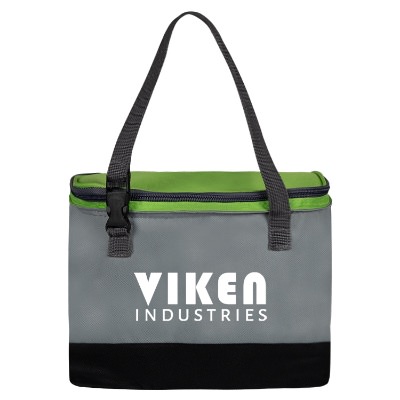 Polyester insulated green lunch cooler bag with custom design.