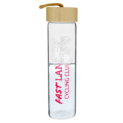 Glass water bottle with bamboo lidlid and custom logo in 20 oz.