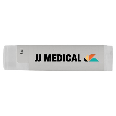 White plastic lip balm with a personalized logo.