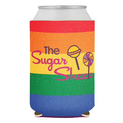 Rainbow can cooler with custom full color imprint.