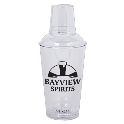 Acrylic clear cocktail shaker with custom logo in 16 ounces.