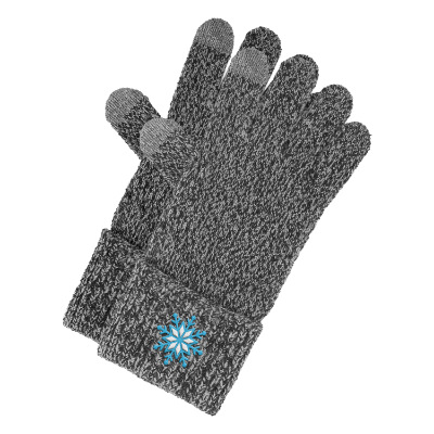Gray gloves with custom embroidered imprint.