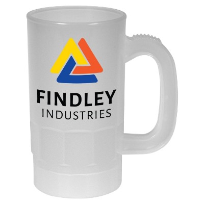 Plastic nite glow glow in the dark beer mug with logo in 14 ounces.