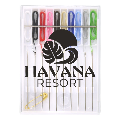 White plastic sewing kit with a personalized imprint.