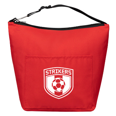 Red polyester cooler with a personalized imprint.