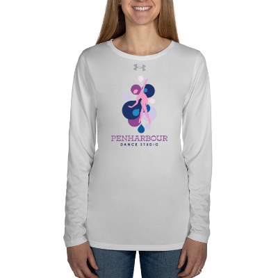 Custom full color imprint on womens white with mod grey long sleeve t-shirt.