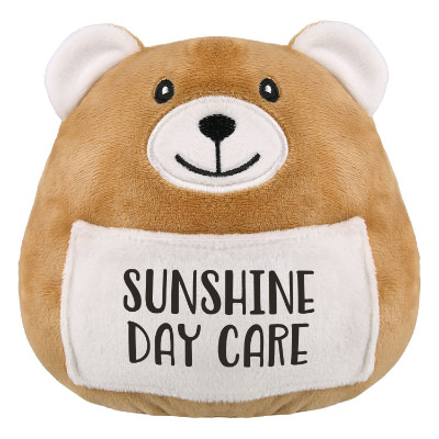 Brown plush animal with a custom logo.