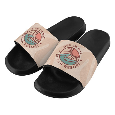 Rubber black slides with custom full-color logo.