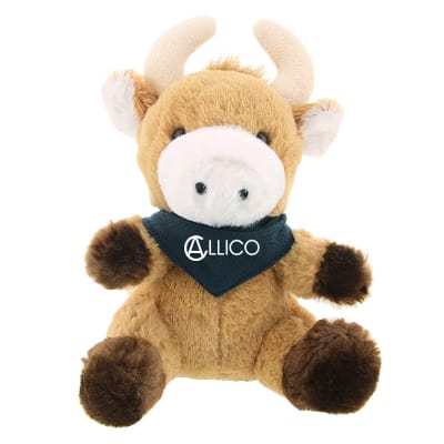 Plush and cotton bull with navy bandana with custom logo.