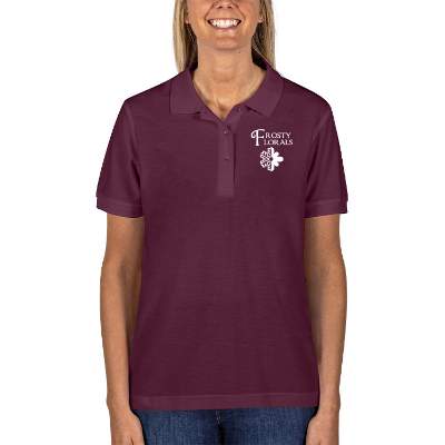 Maroon custom imprinted short sleeve polo.