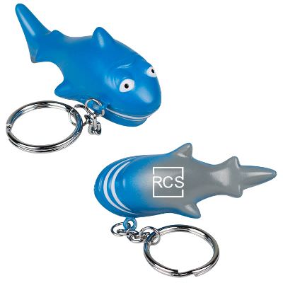 Shark stress ball keychain with a branded logo.