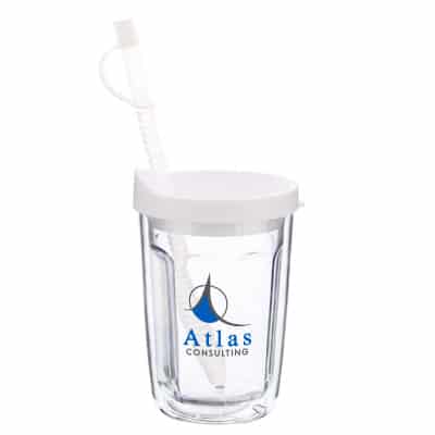 Arcylic clear with white tumbler with custom full-color imprint in 14 ounces.