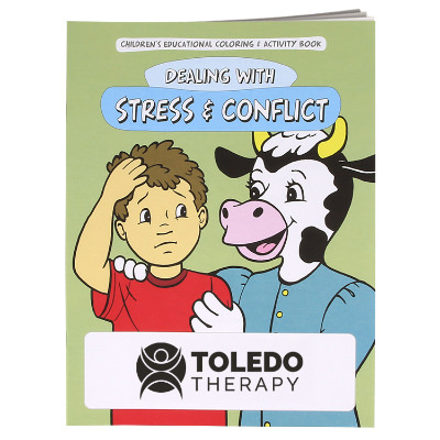 Multicolored paper coloring book with a custom imprint.