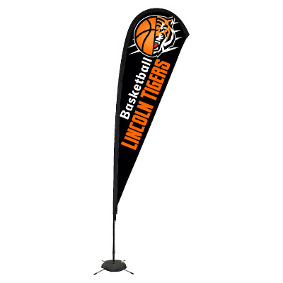 11-1/2-ft. stand-up flag with custom logo.