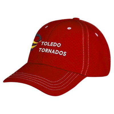 Red custom embroidered mesh cap.