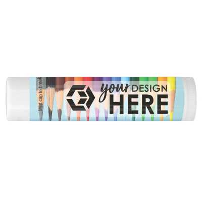 Blue and white designed lip balm background with a branded logo.