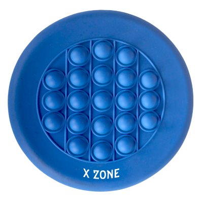 Blue silicone pop-it with a personalized logo.