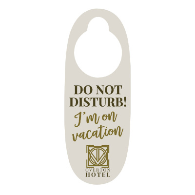White plastic door hanger with a personalized logo.