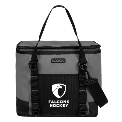 Gray polyester cooler with a custom logo.