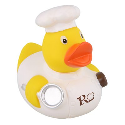 Plastic yellow branded rubber duck.