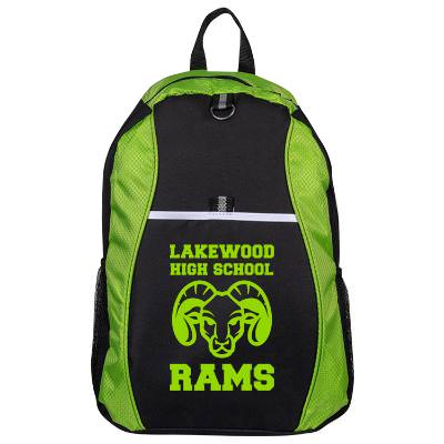 Green backpack with custom logo.