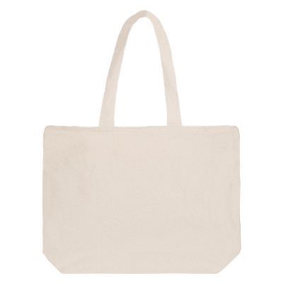 Blank natural cotton tote bag with 5-inch gussets and reinforced handles.