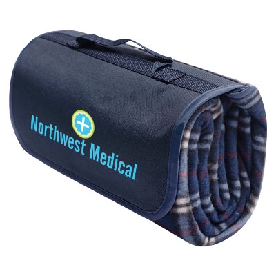 Full color logo on patterned polyester blanket that can fold within itself with attached handle.