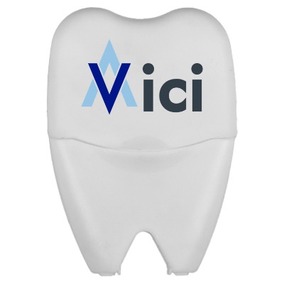 White plastic dental floss with a personalized logo.