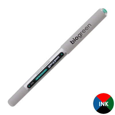 Green plastic pen with a branded logo.
