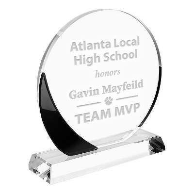 Crystal award with custom laser engraved imprint.