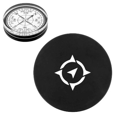 Small black and white paperweight compass with customized one color logo.