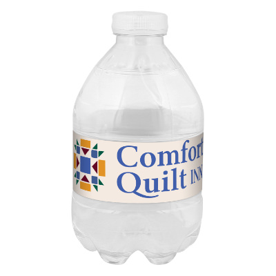 Clear plastic bottled water with a custom logo.
