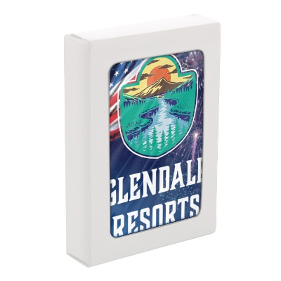 Patriotic paper playing cards with a custom logo.