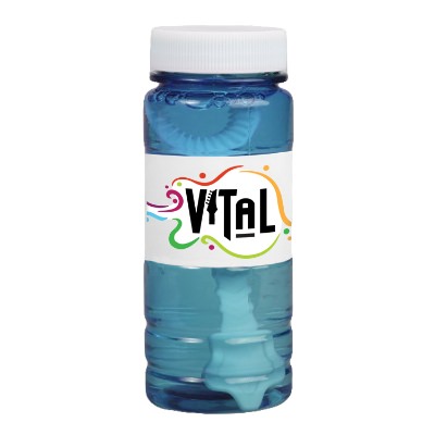 Translucent blue plastic bubbles with a full-color logo.