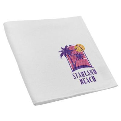 Recycled white cotton terry velour beach towel with custom embroidered logo