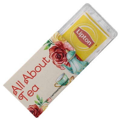 White plastic tea bags with a custom logo.