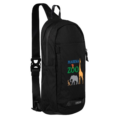 Black sling bag with front pocket and customized full-color imprint.