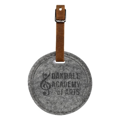 Felt round custom luggage tag with leather strap.