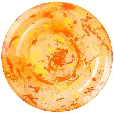 Plastic red and blue splatter design flying disc blank.