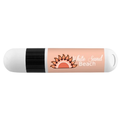 White with black plastic lip balm with a custom imprint.