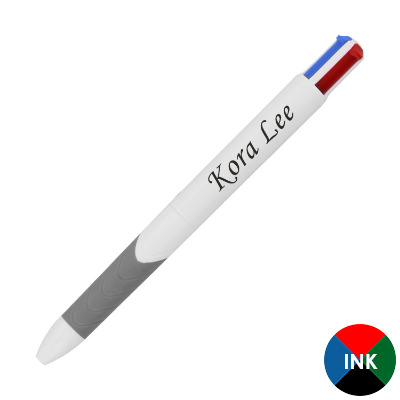 White plastic pen with a customized logo.