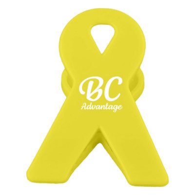 Pink plastic ribbon clip with custom imprint.