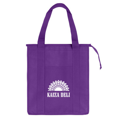 Polypropylene black cooler tote with custom logo, 9-inch gussets and insulated lining.