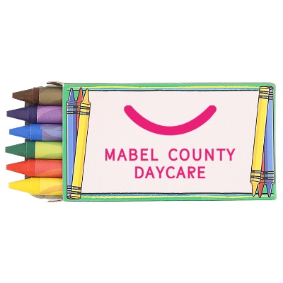 Wax 6 pack crayons with printed logo.