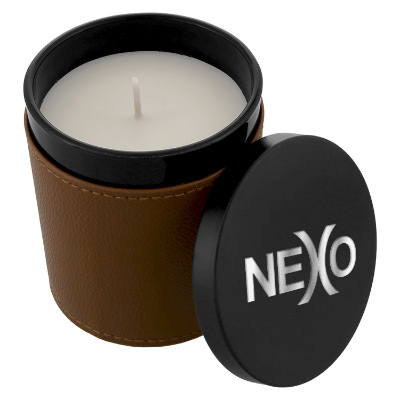 Brown glass candle with a custom logo.