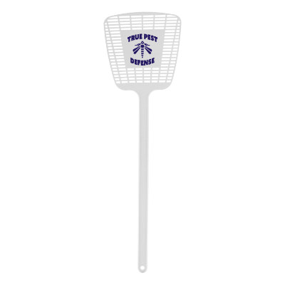 White plastic fly swatter with a personalized logo.