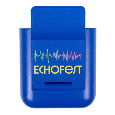 Plastic blue wireless charger with a custom logo.
