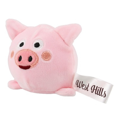 Pink plush stress buster with a custom imprint.